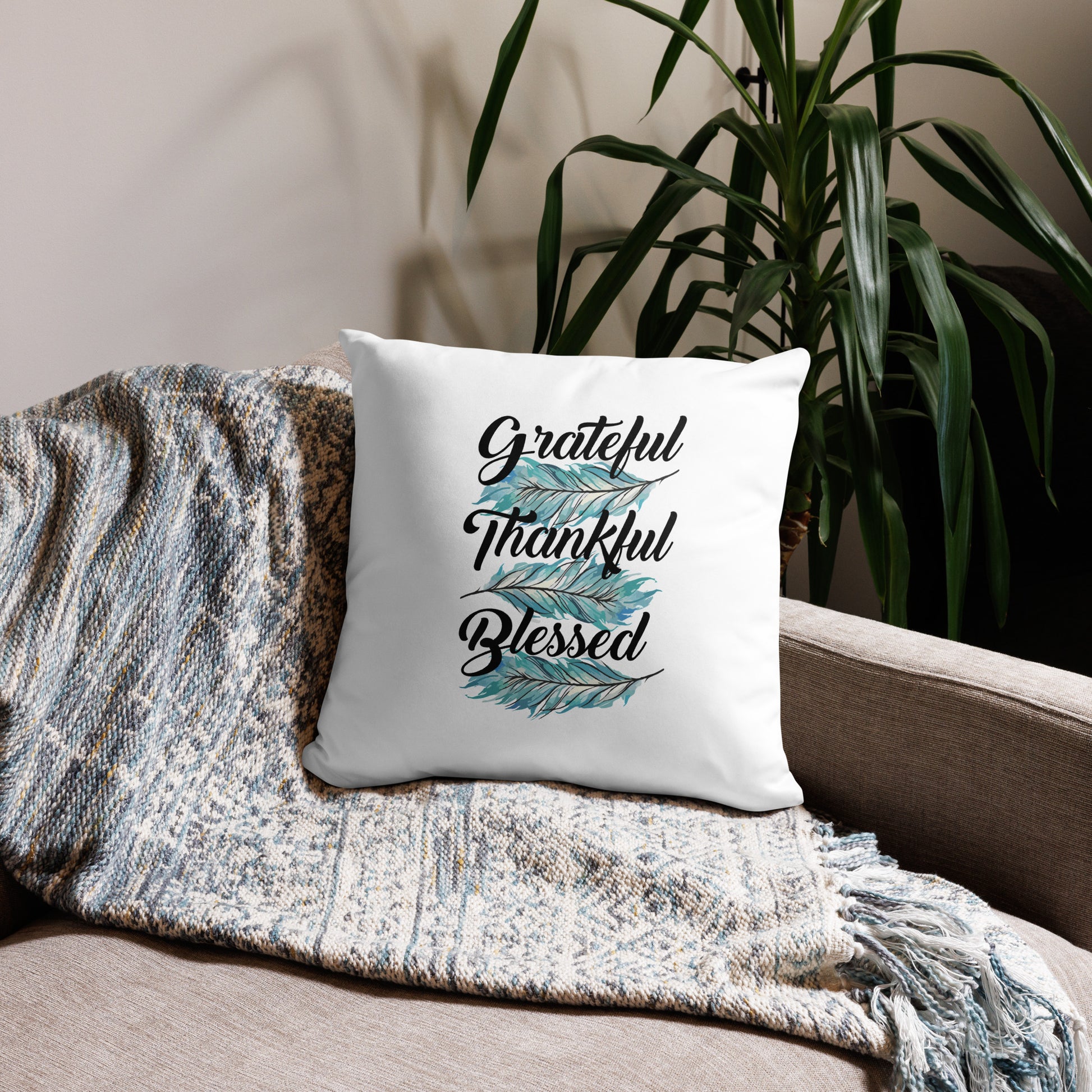 Grateful Thankful Blessed Teal Basic Pillow 18″×18″