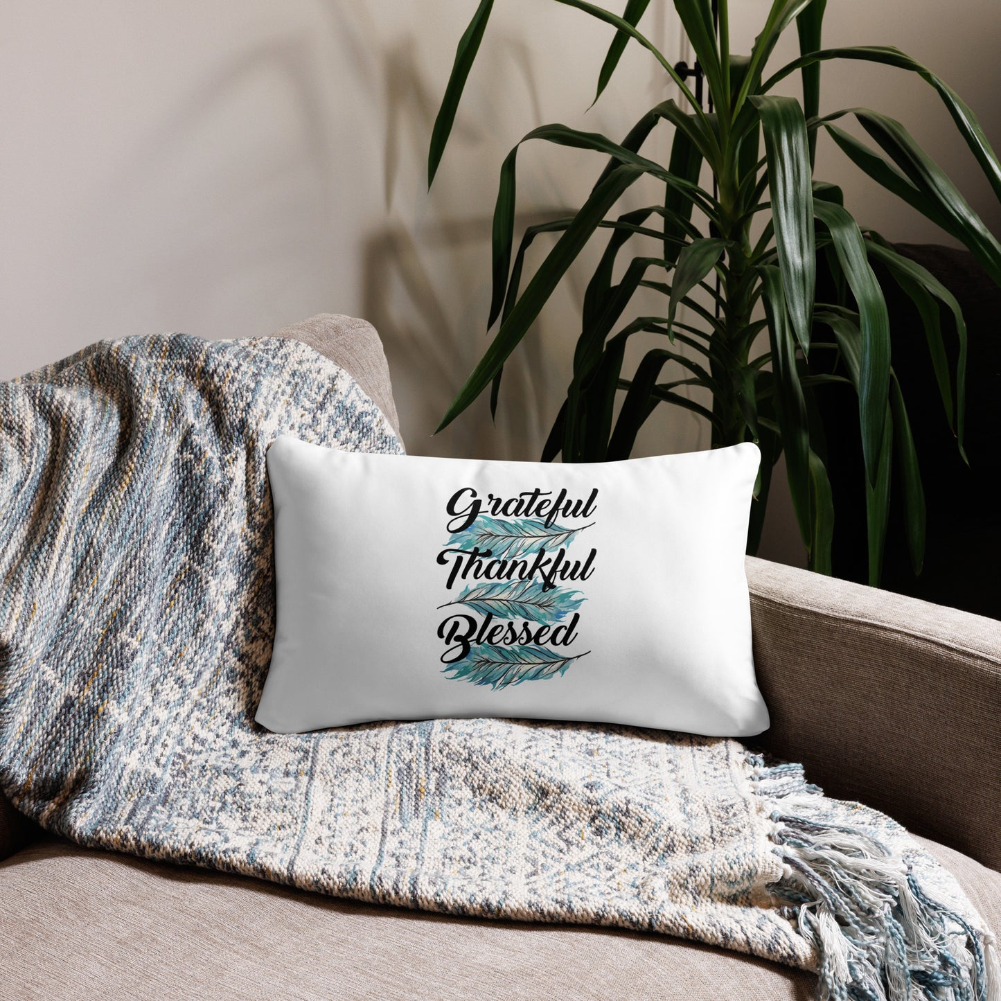 Grateful Thankful Blessed Teal Basic Pillow 20″×12″