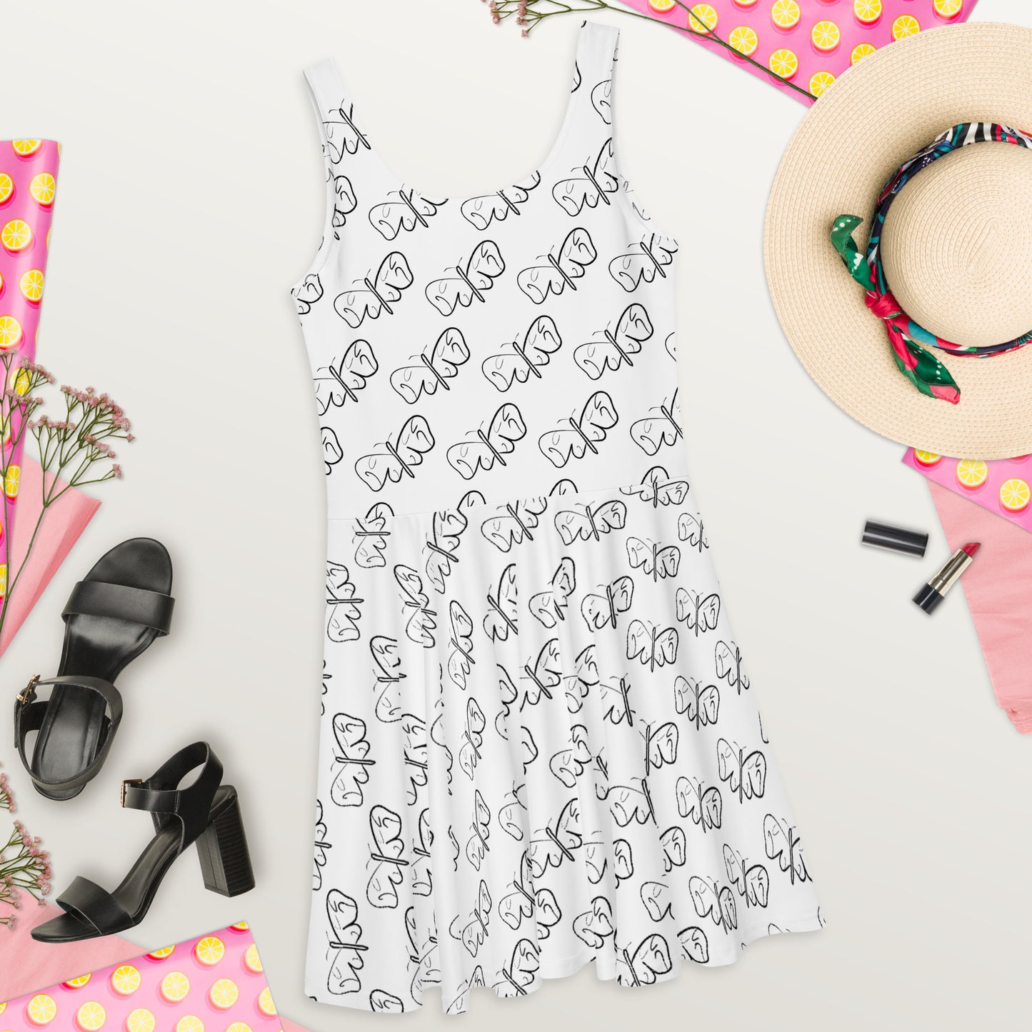 Black and White Abstract Butterfly Skater Dress