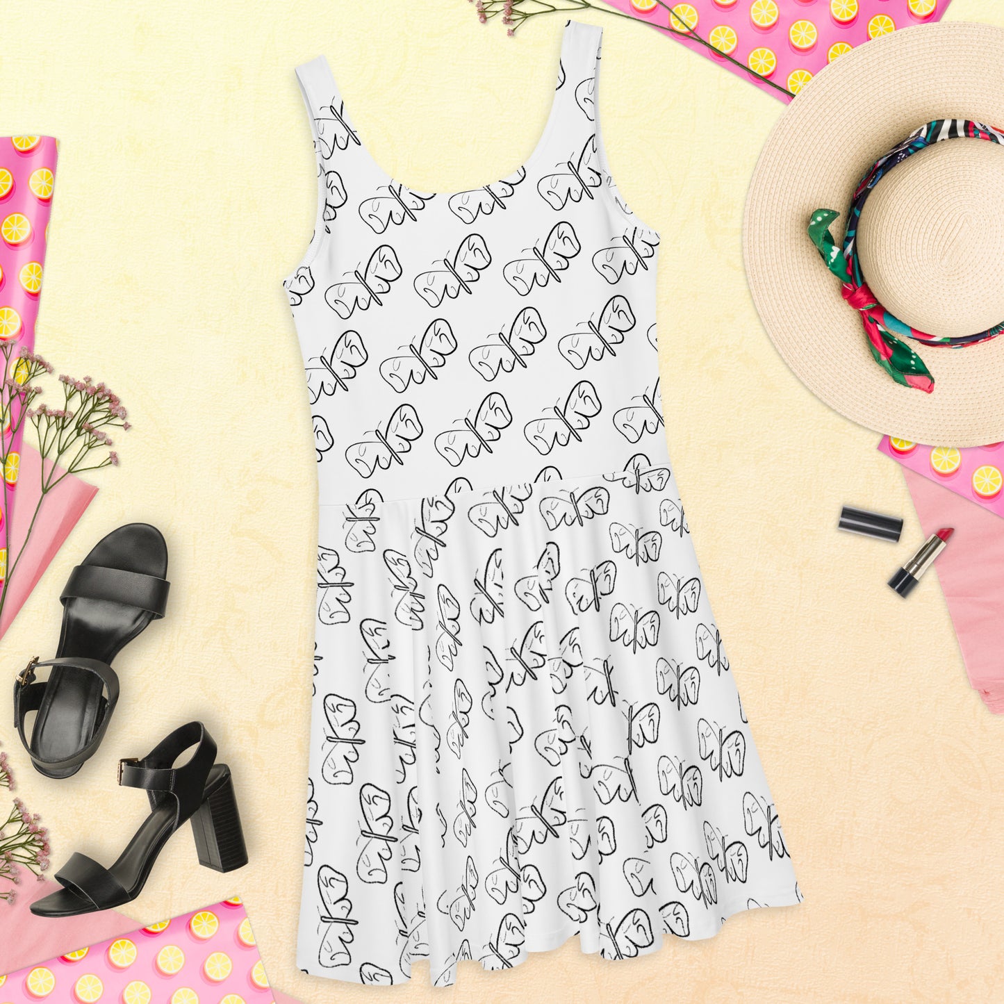 Black and White Abstract Butterfly Skater Dress