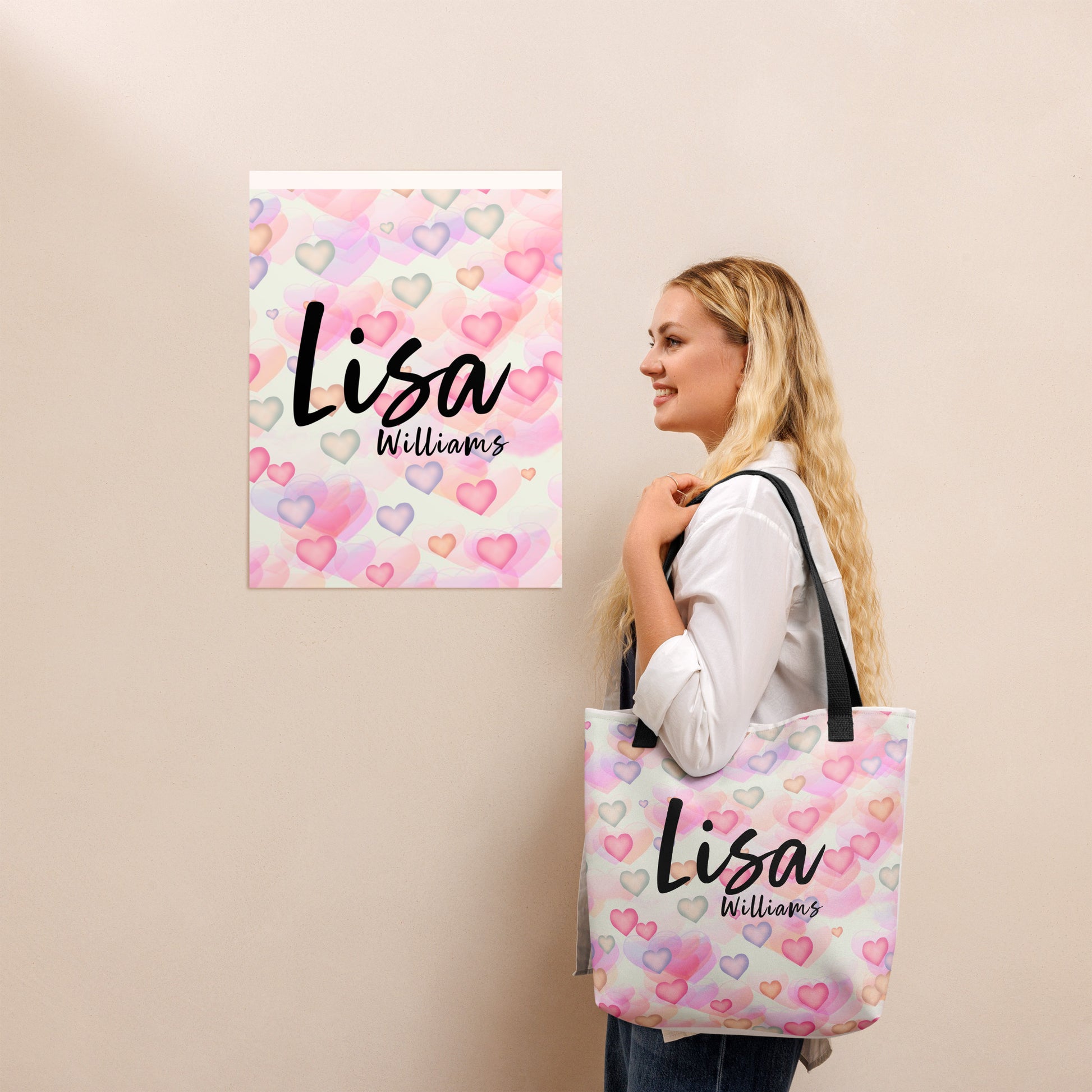 Personalized Tote bag with pink hearts