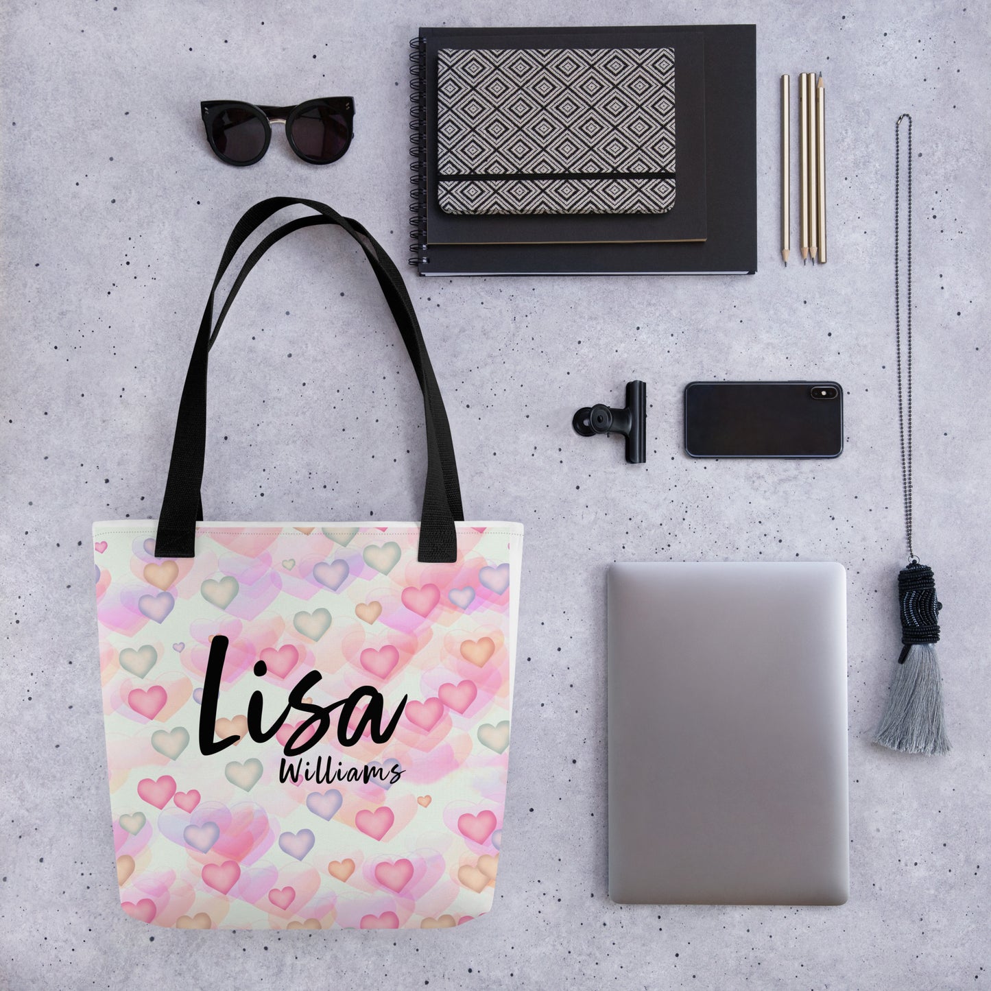 Personalized Tote bag with pink hearts