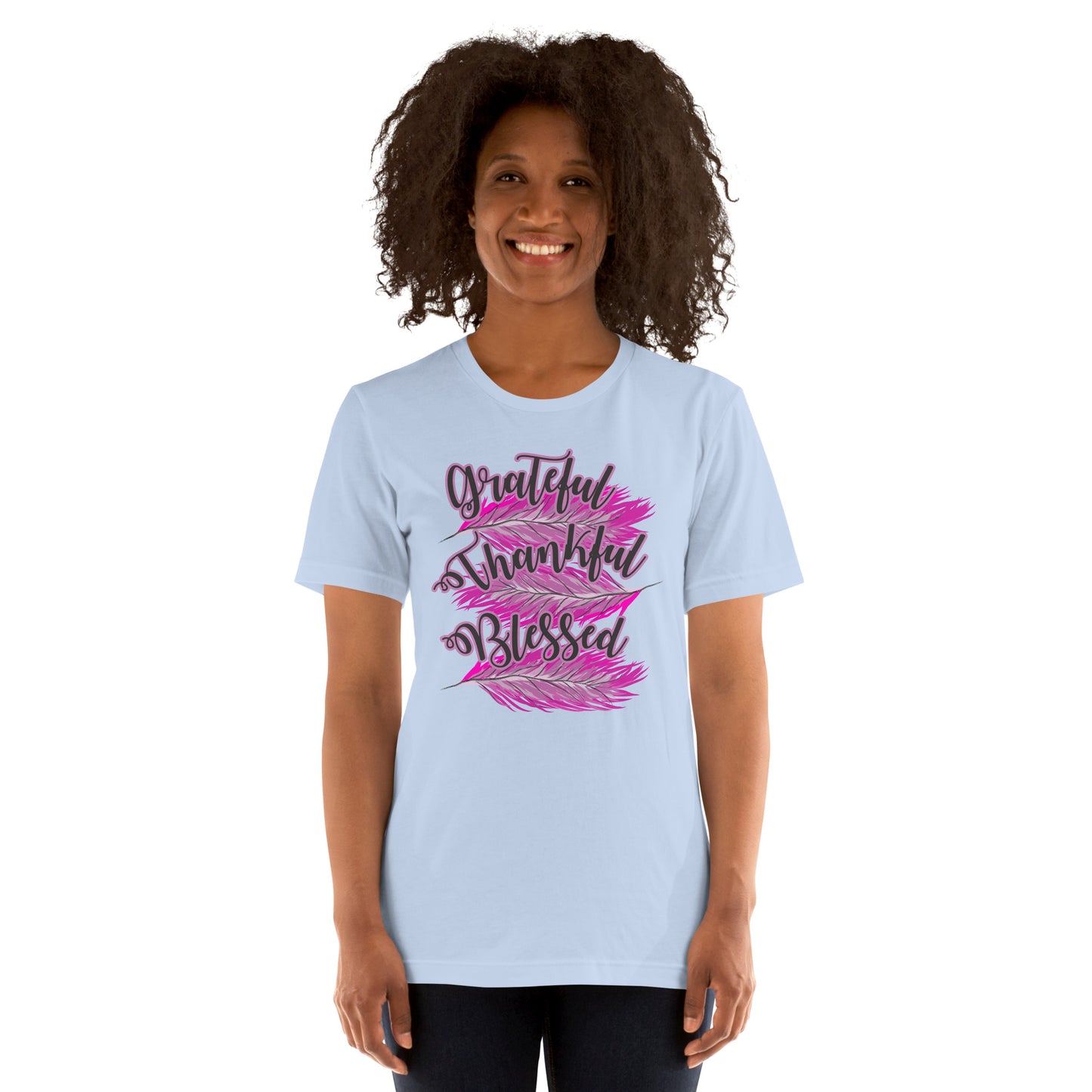 Thankful Grateful Blessed Pink Ladies Unisex t-shirt Baby Blue