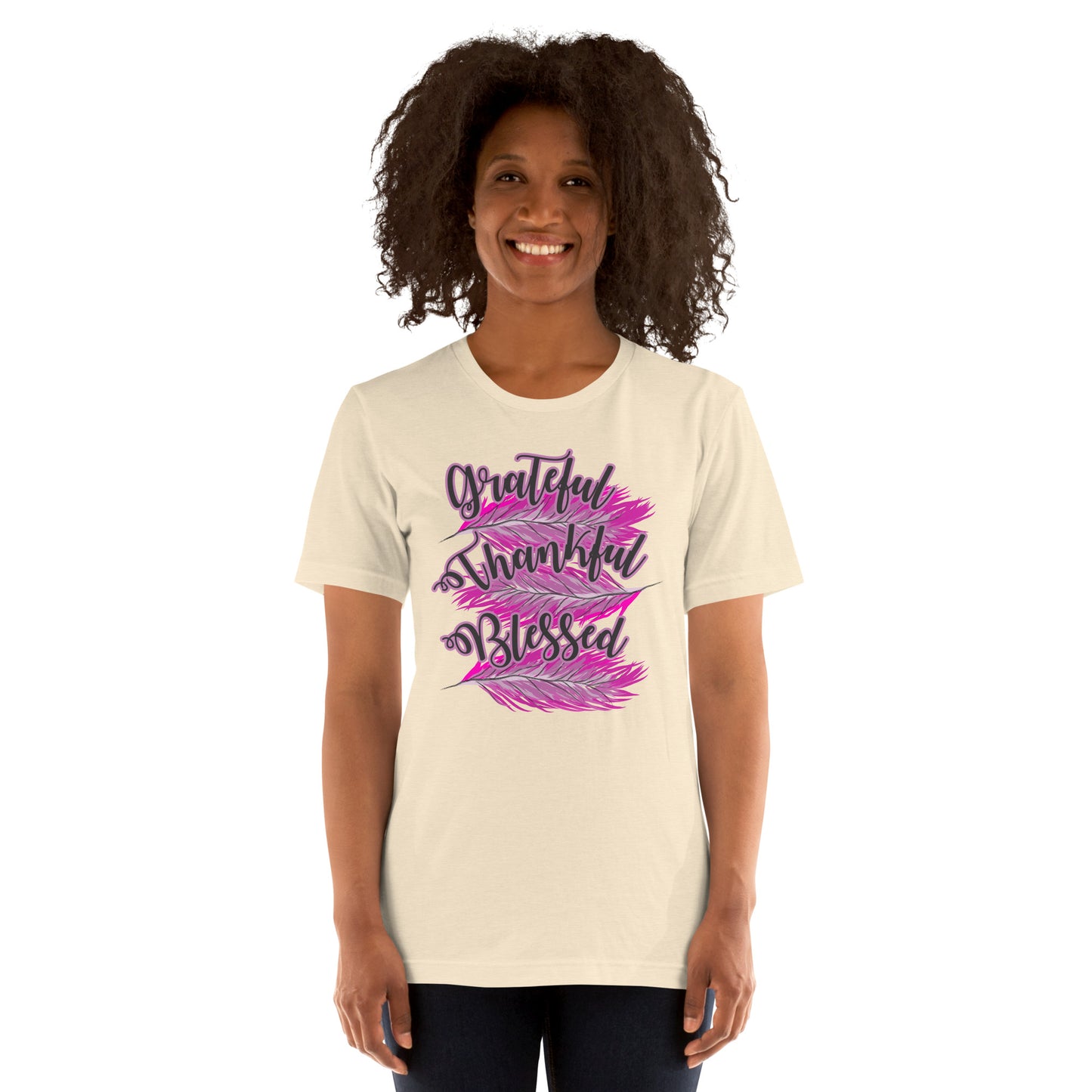 Thankful Grateful Blessed Pink Ladies Unisex t-shirt Heather Natural