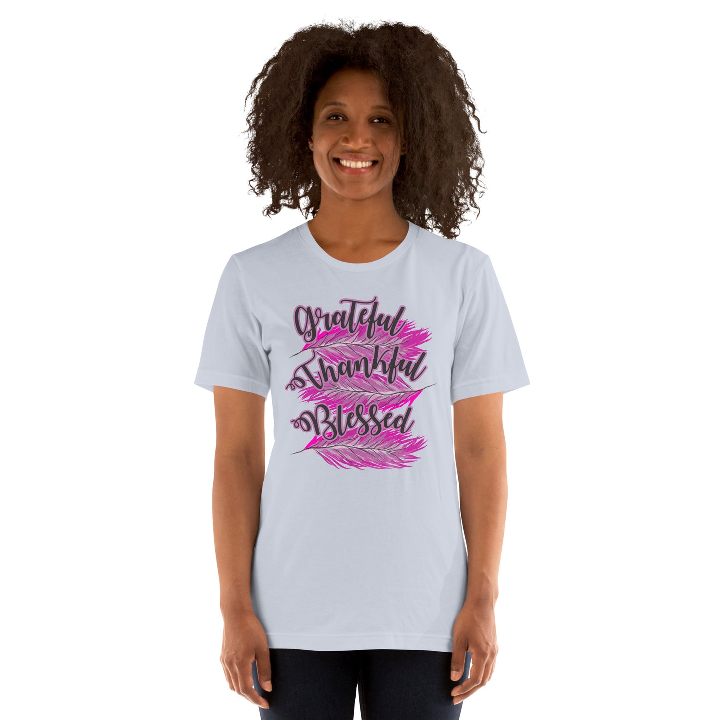Thankful Grateful Blessed Pink Ladies Unisex t-shirt Light Blue
