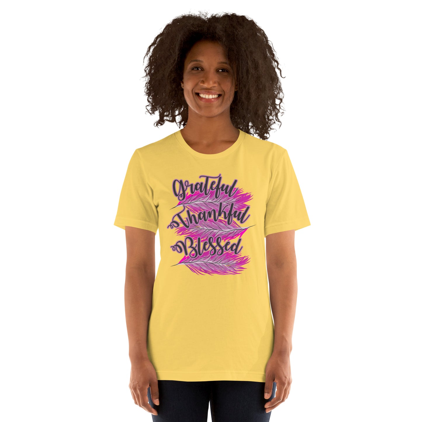 Thankful Grateful Blessed Pink Ladies Unisex t-shirt Yellow