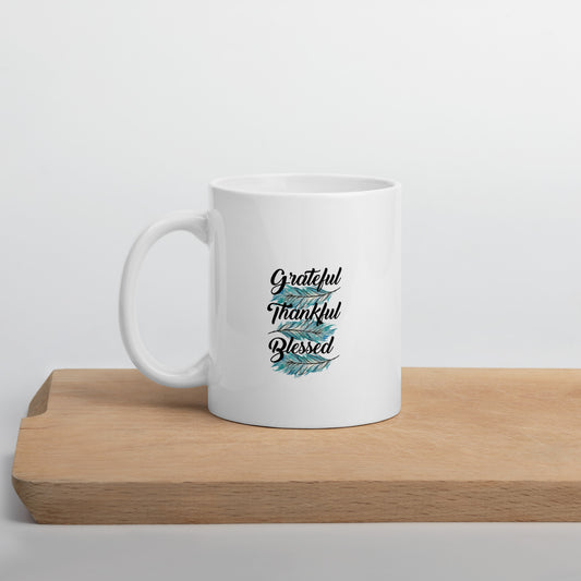 Grateful Thankful Blessed Teal White glossy mug 11 oz
