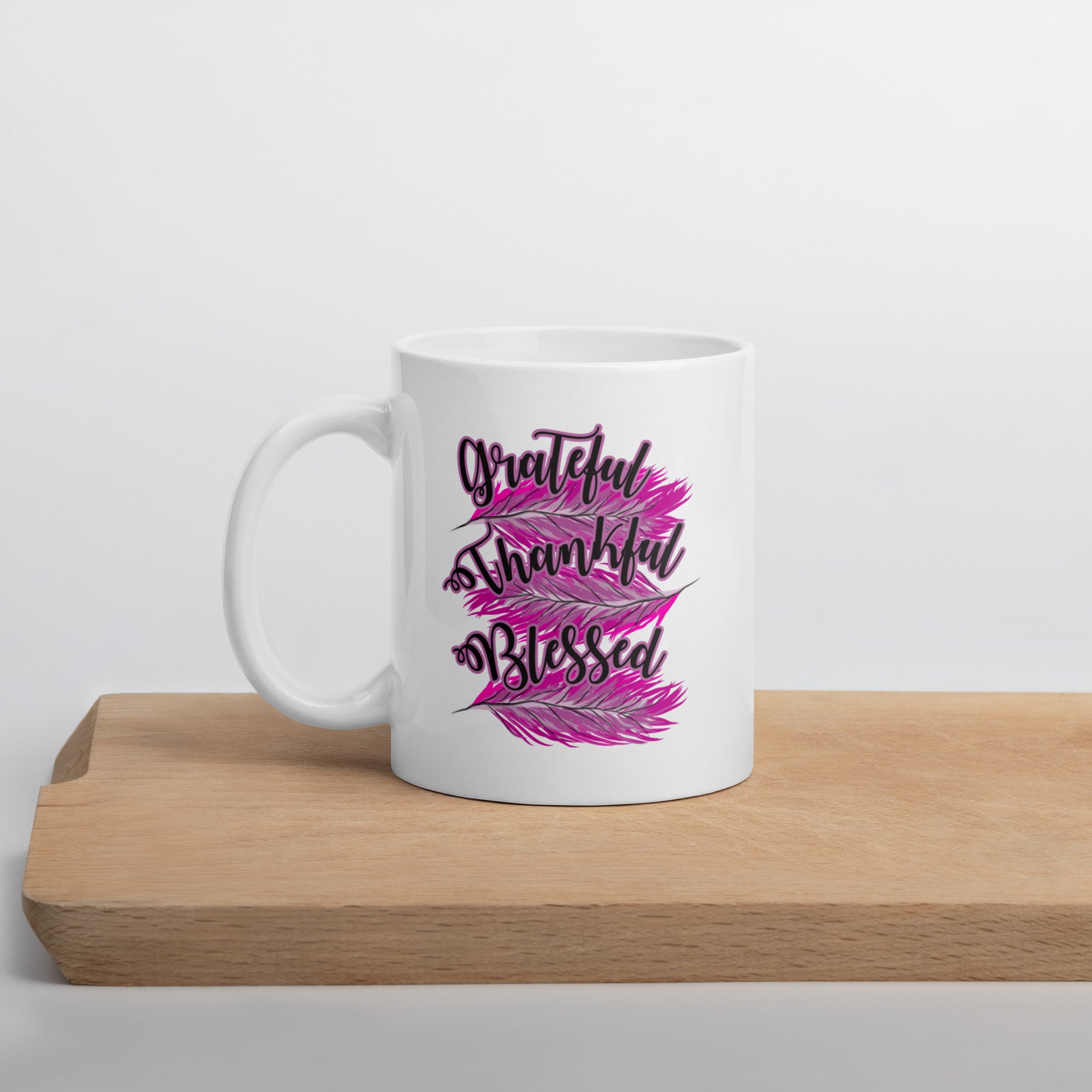 Thankful Grateful Blessed Pink White glossy mug 11 oz