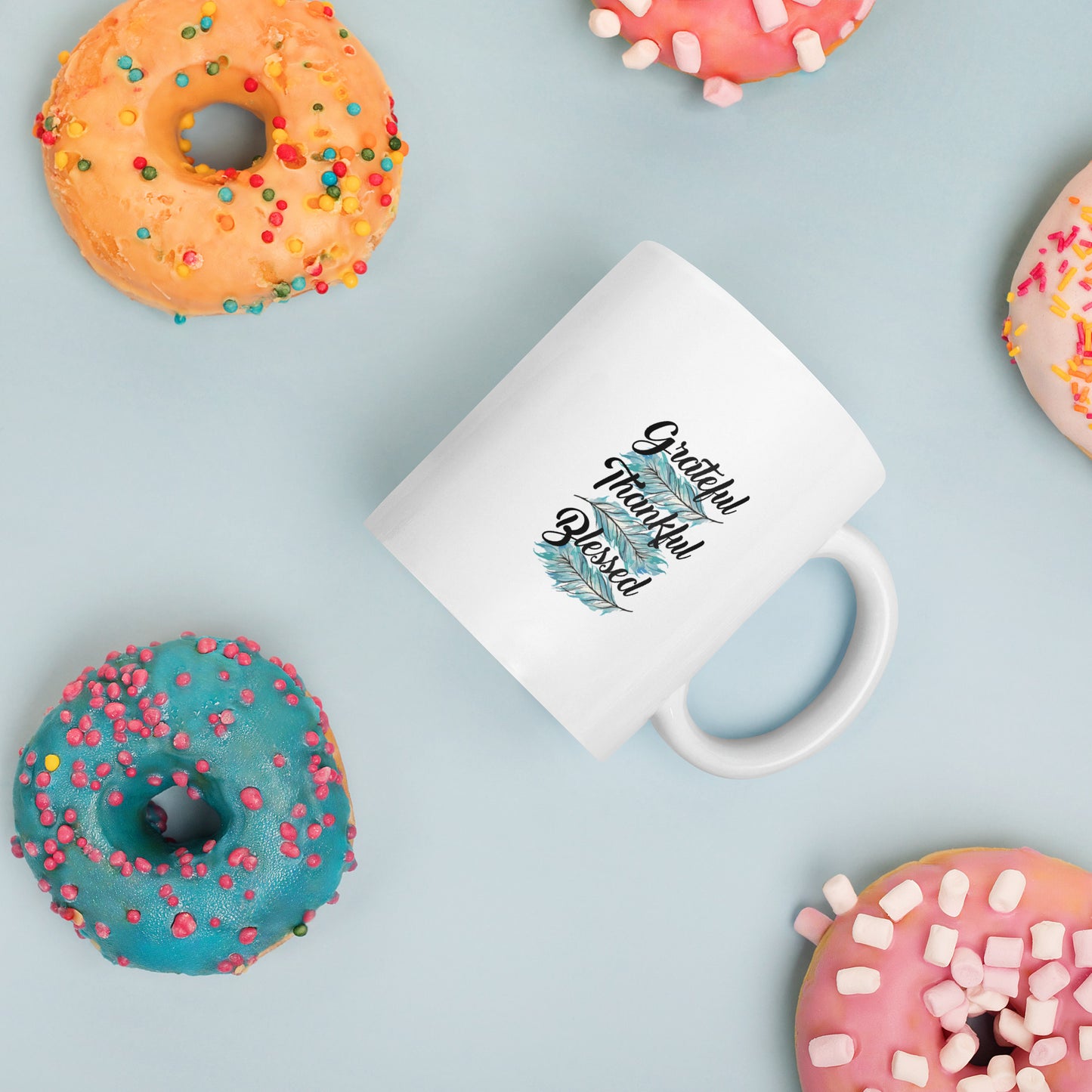 Grateful Thankful Blessed Teal White glossy mug