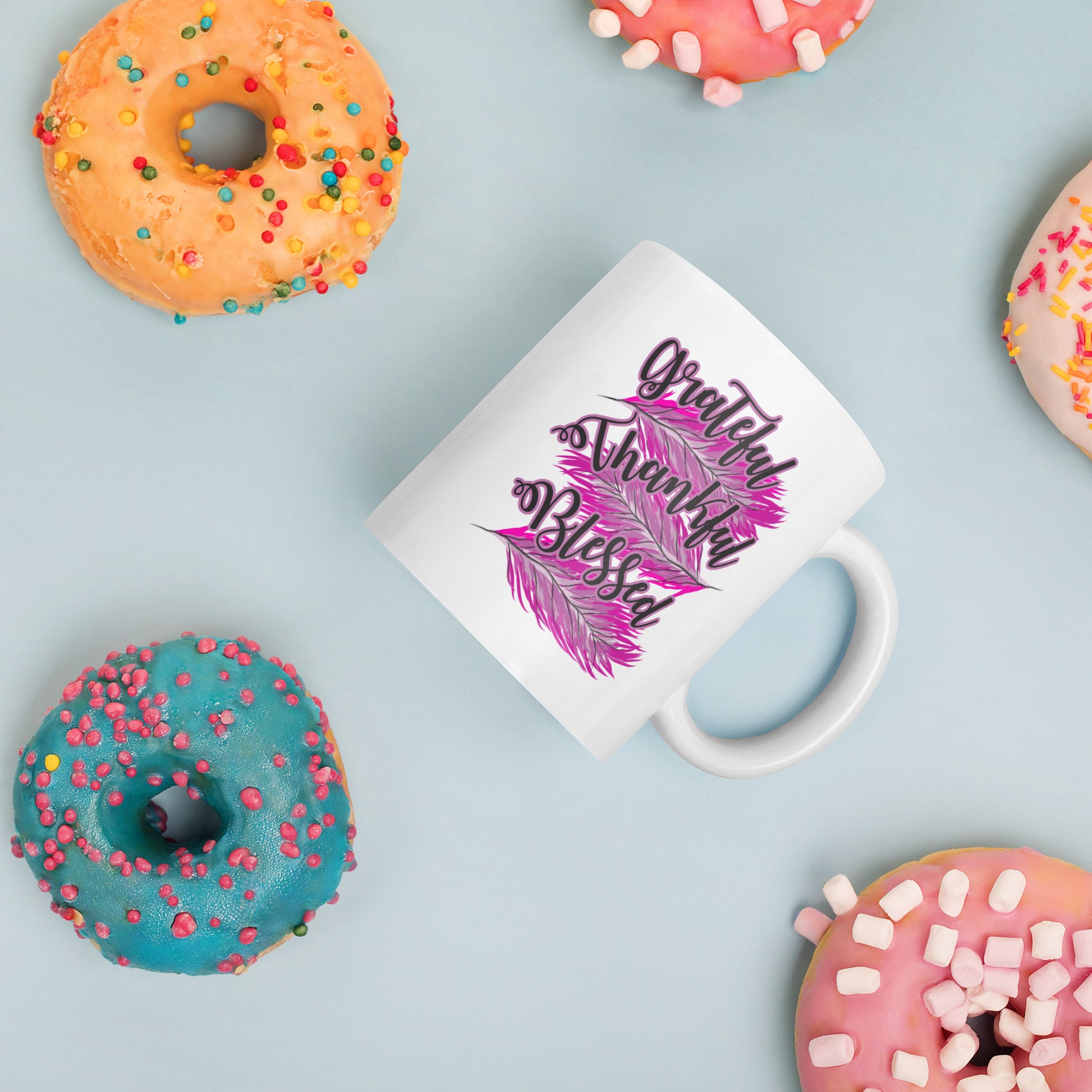 Thankful Grateful Blessed Pink White glossy mug