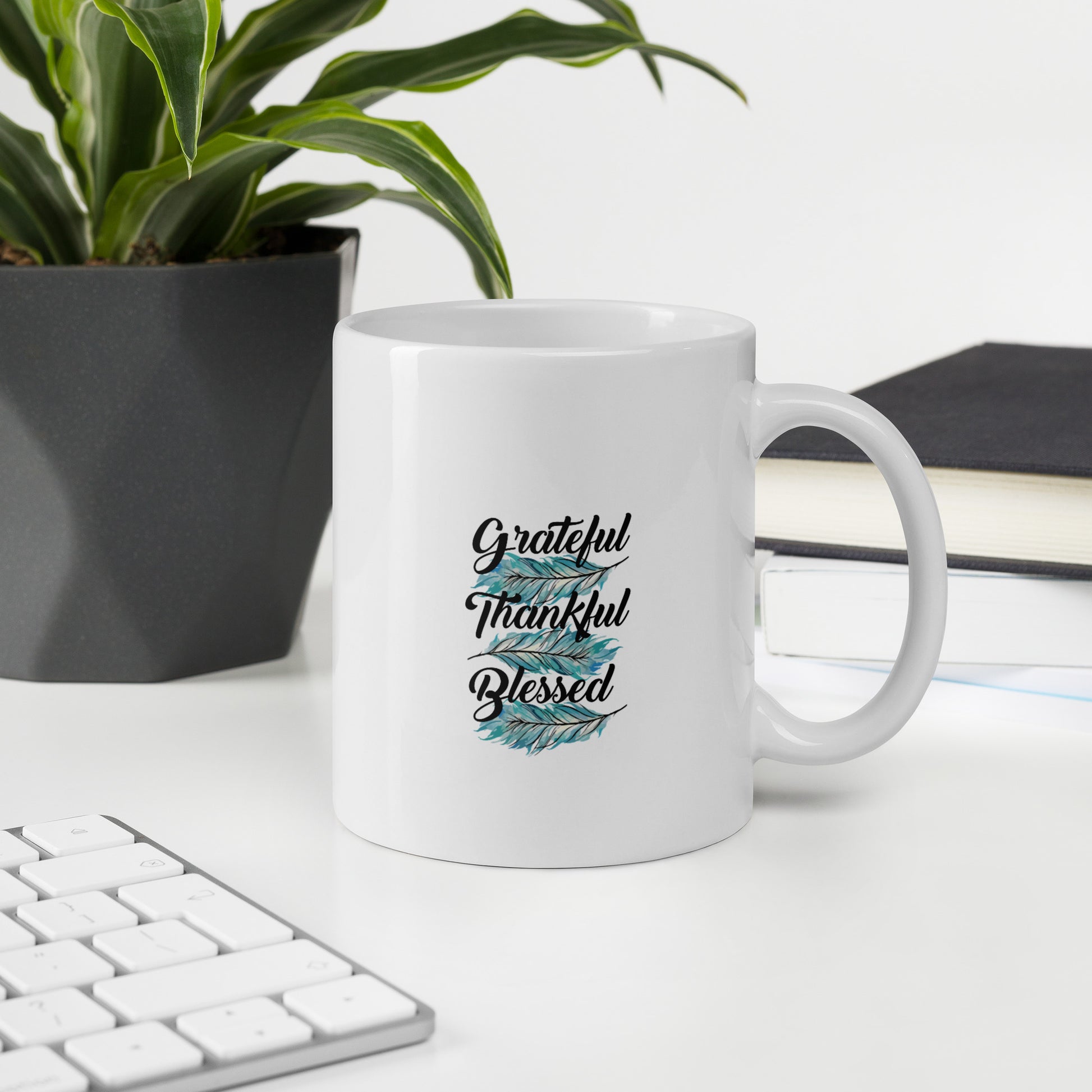 Grateful Thankful Blessed Teal White glossy mug