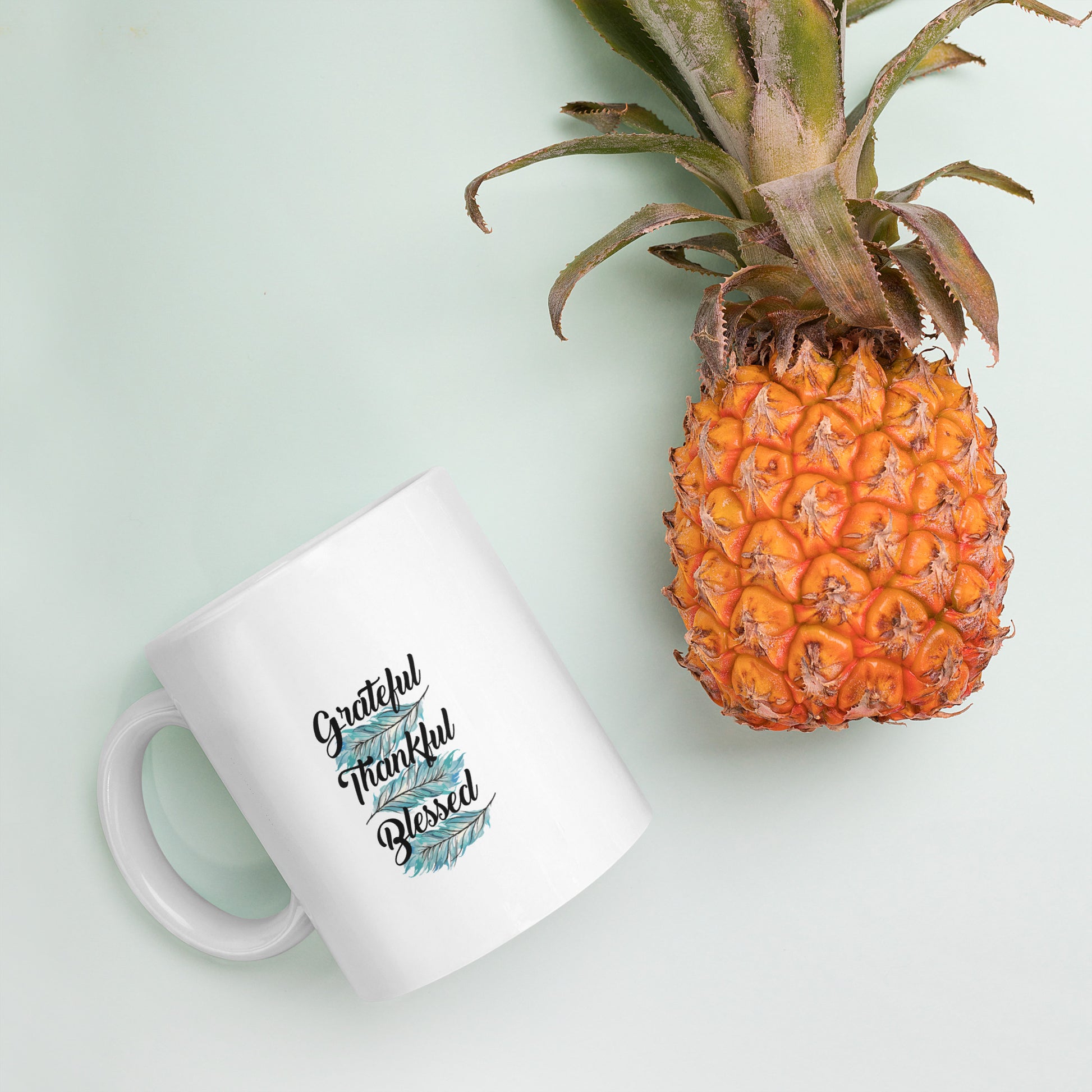 Grateful Thankful Blessed Teal White glossy mug