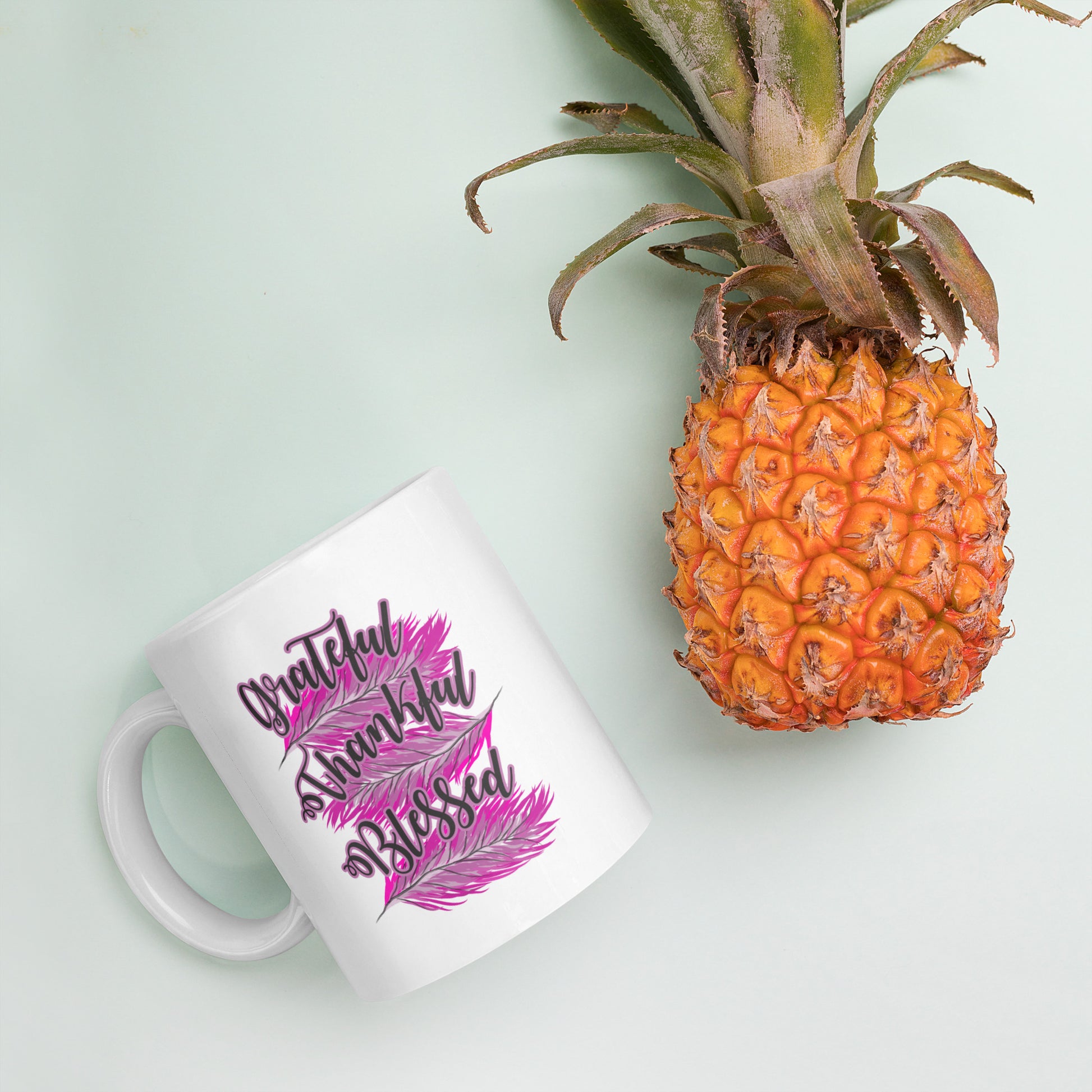 Thankful Grateful Blessed Pink White glossy mug
