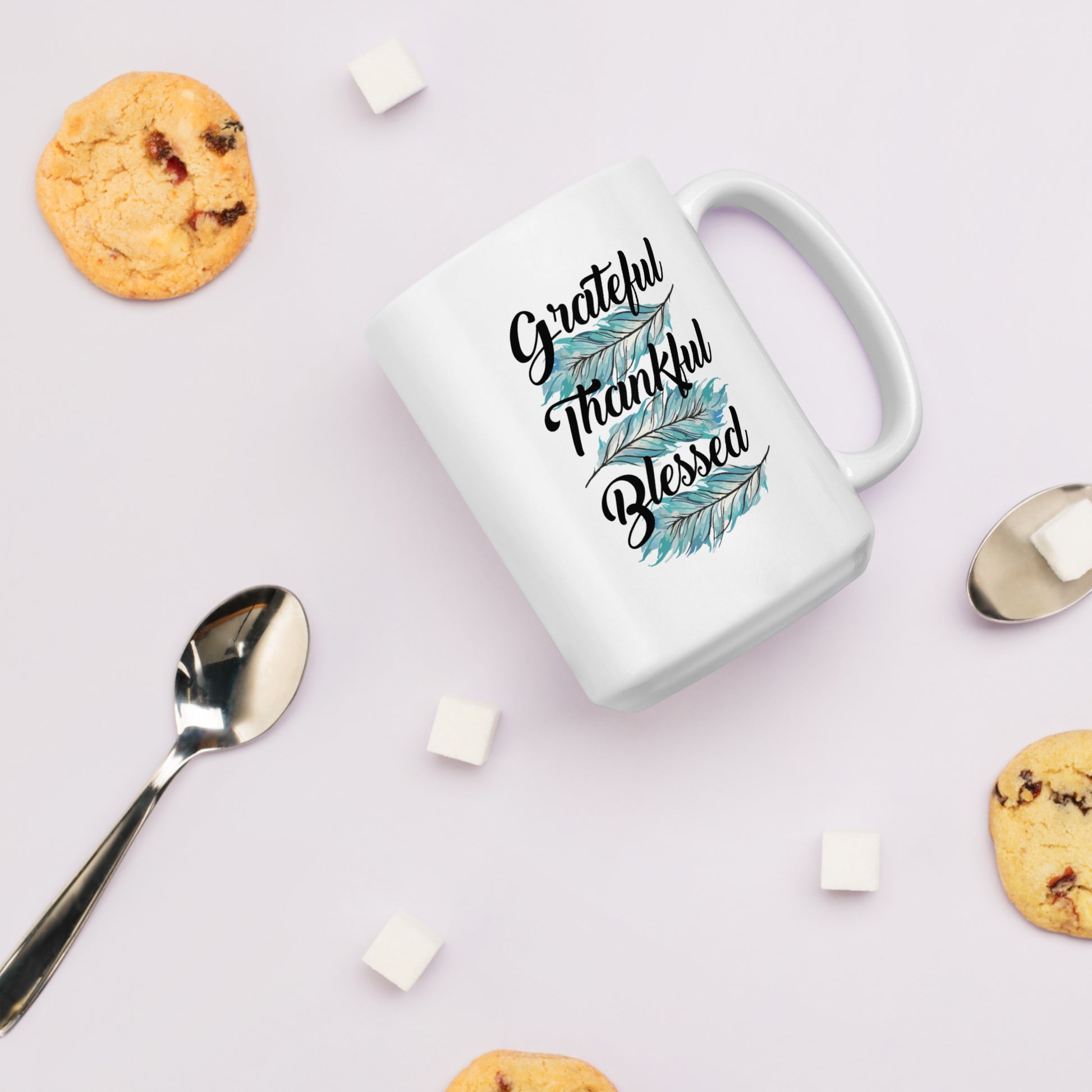 Grateful Thankful Blessed Teal White glossy mug