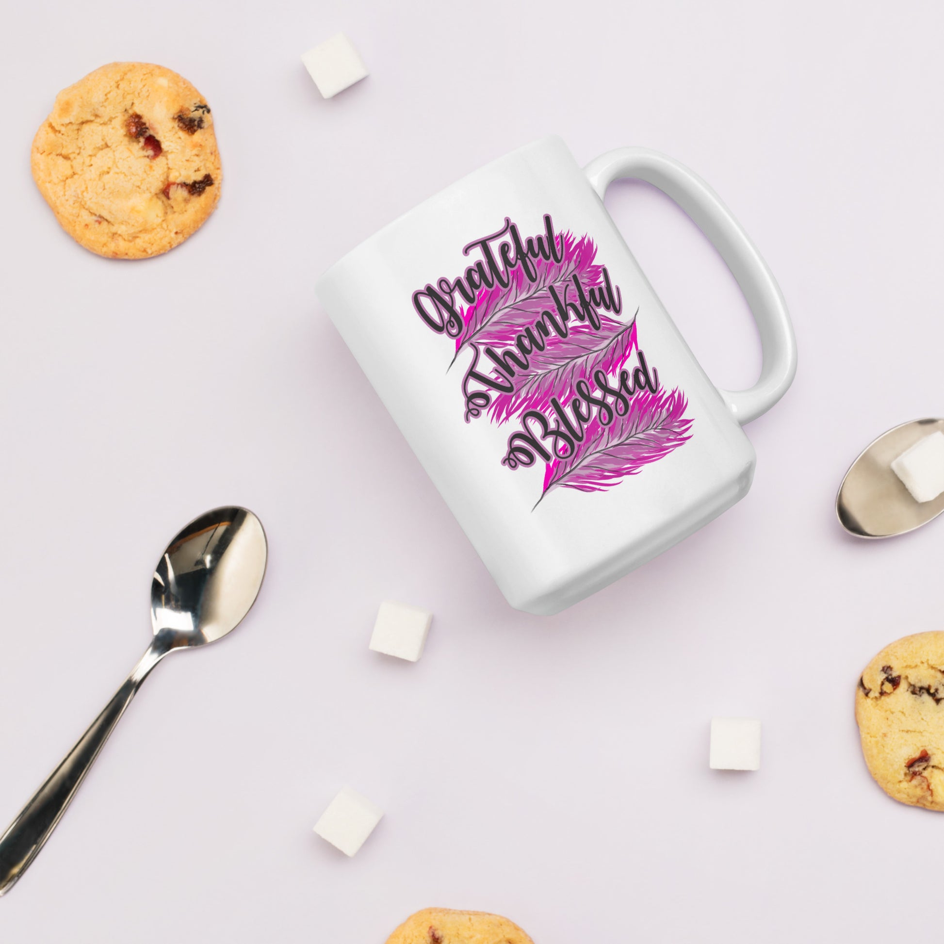Thankful Grateful Blessed Pink White glossy mug