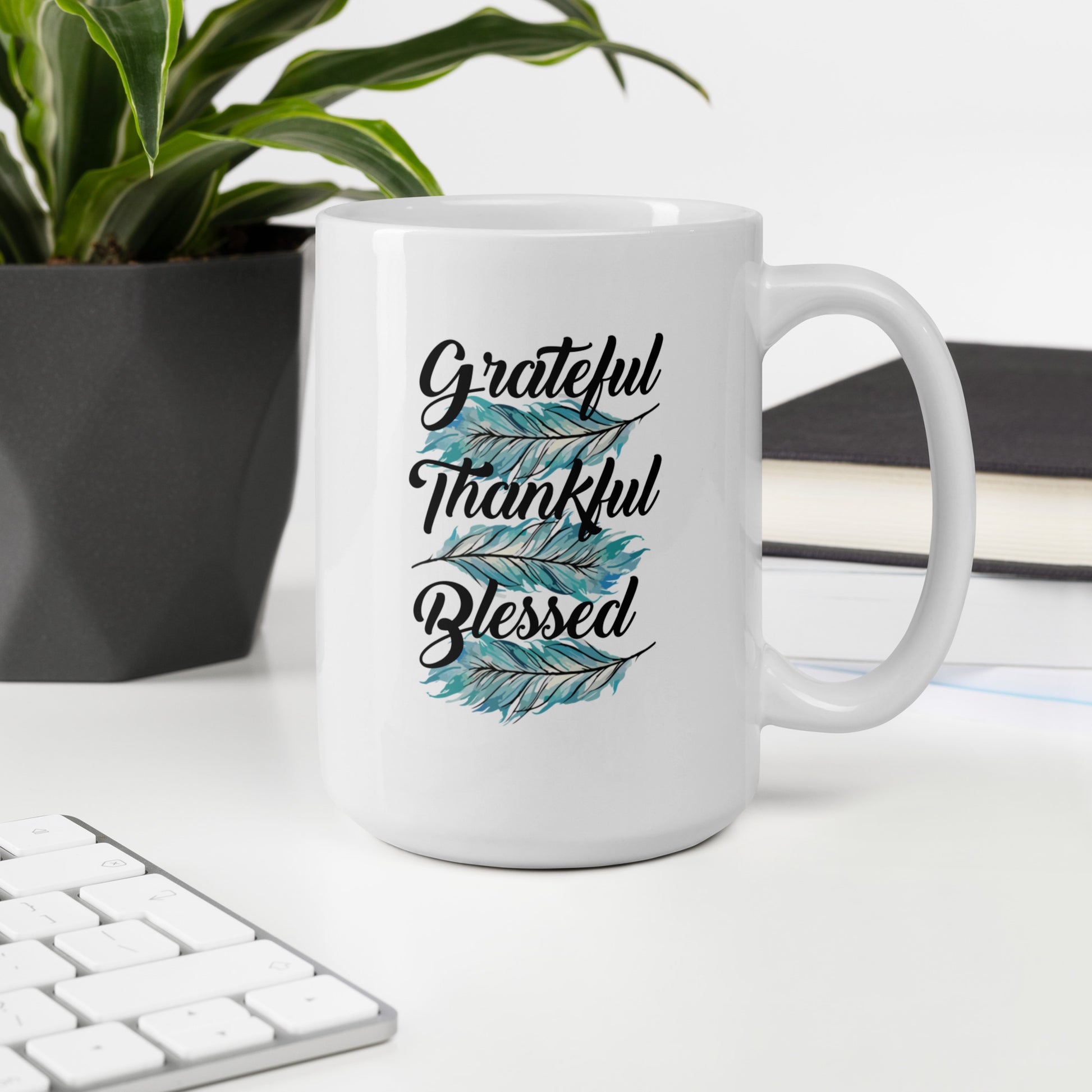 Grateful Thankful Blessed Teal White glossy mug