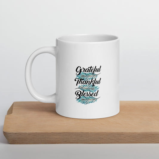 Grateful Thankful Blessed Teal White glossy mug 20 oz