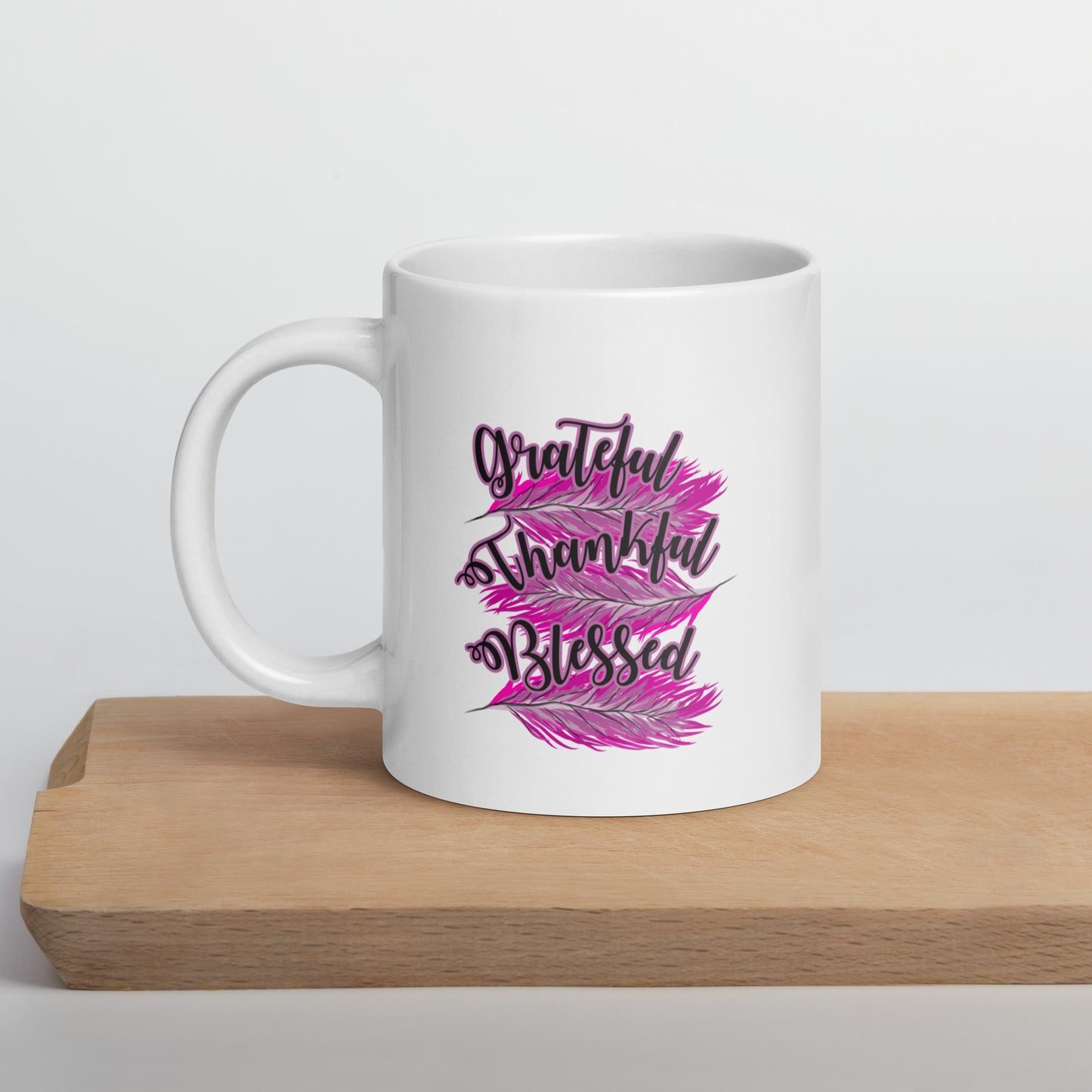 Thankful Grateful Blessed Pink White glossy mug 20 oz