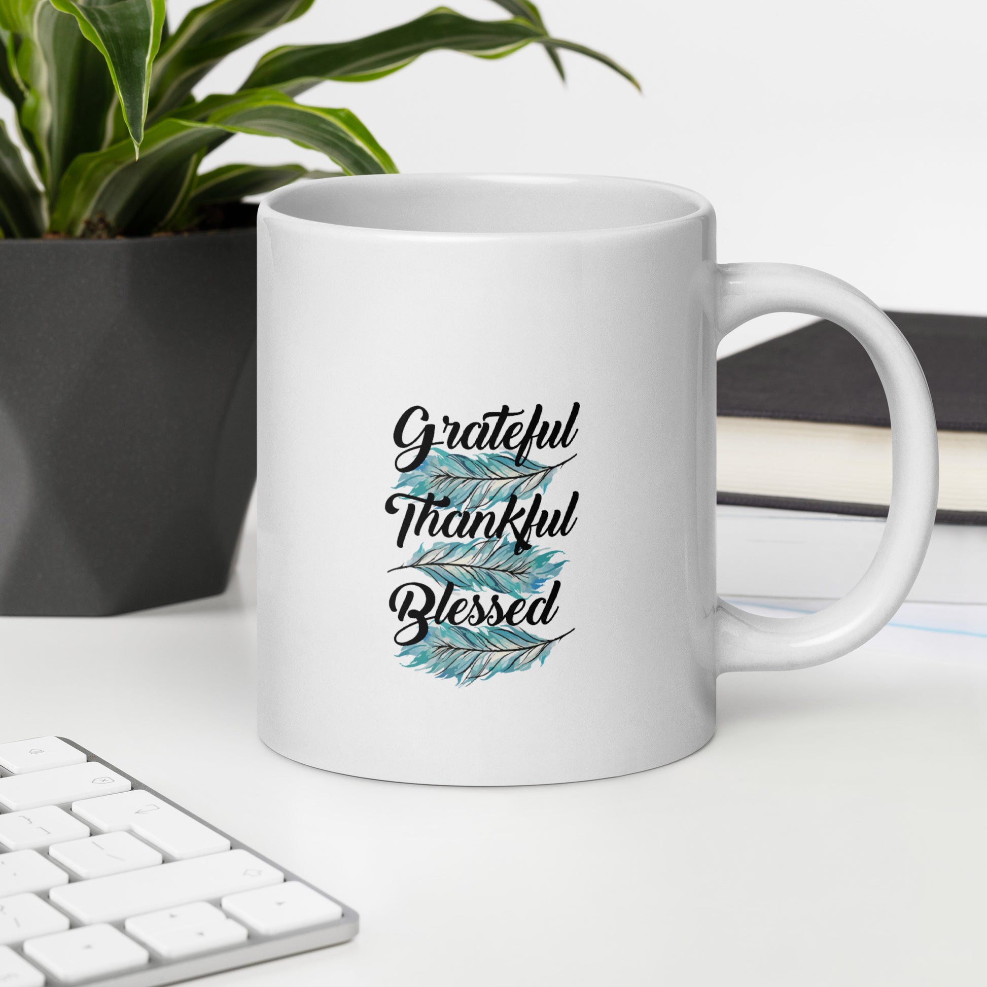 Grateful Thankful Blessed Teal White glossy mug