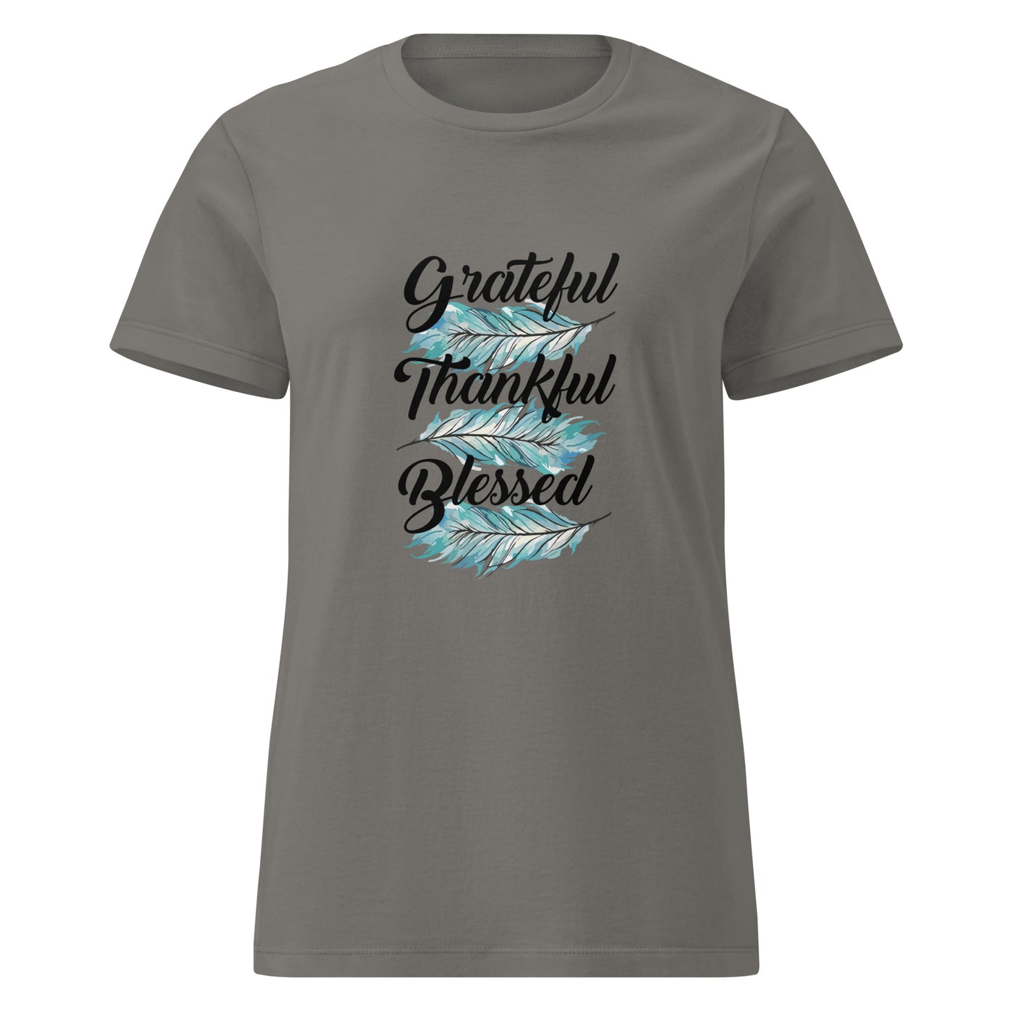 Grateful Thankful Blessed Teal Feathers Women’s Basic Tee Charcoal