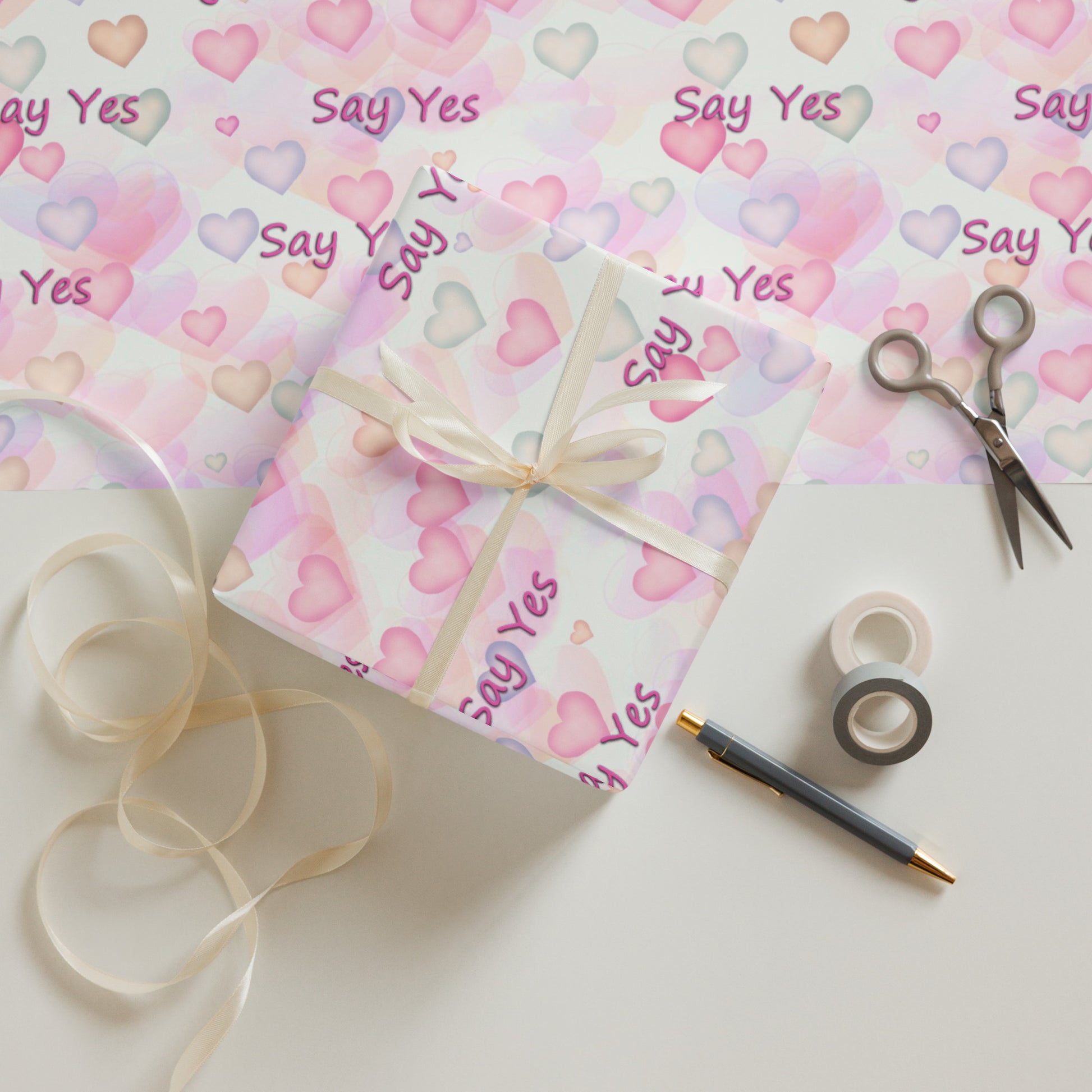 Say Yes Pink Hearts Wrapping Paper Sheets
