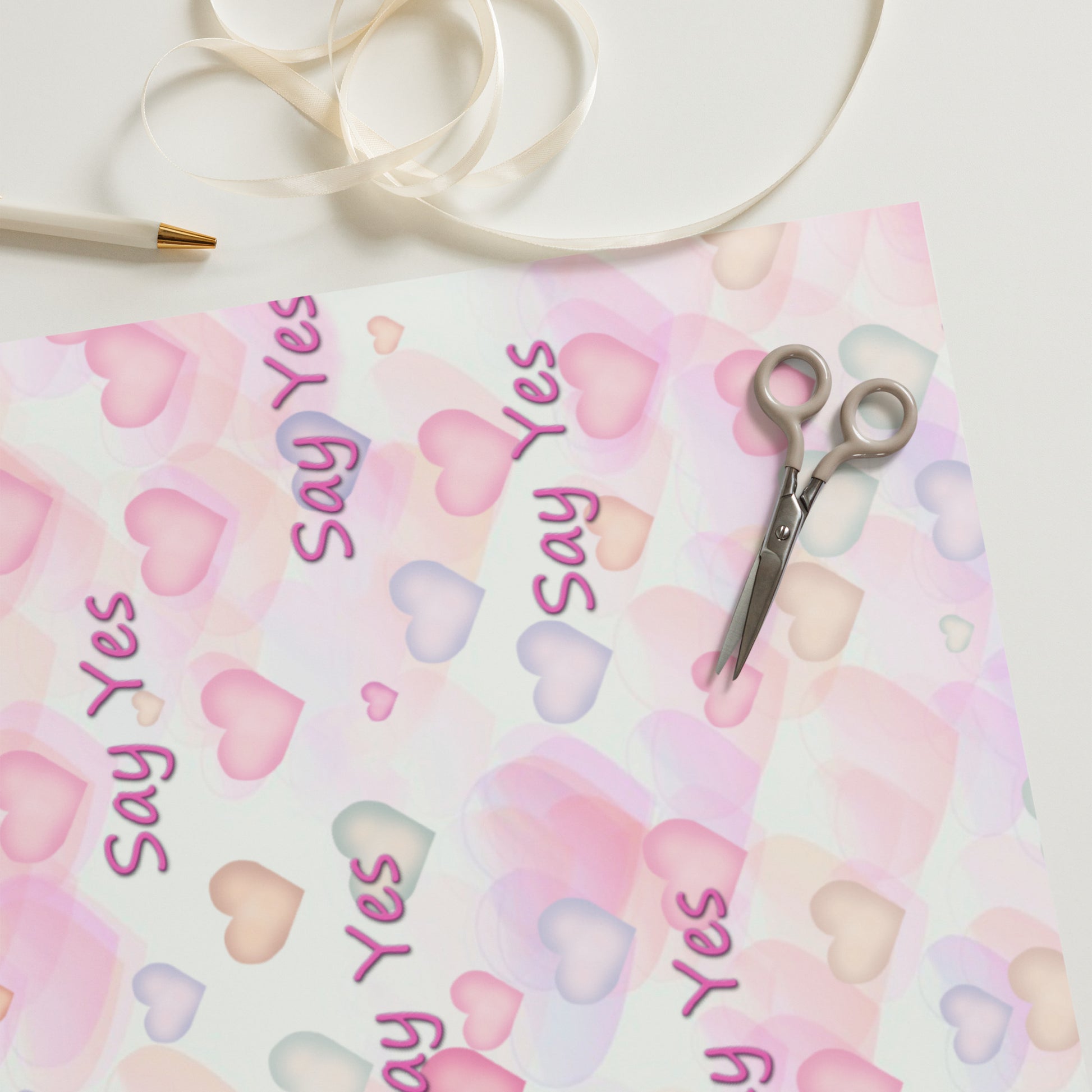 Say Yes Pink Hearts Wrapping Paper Sheets