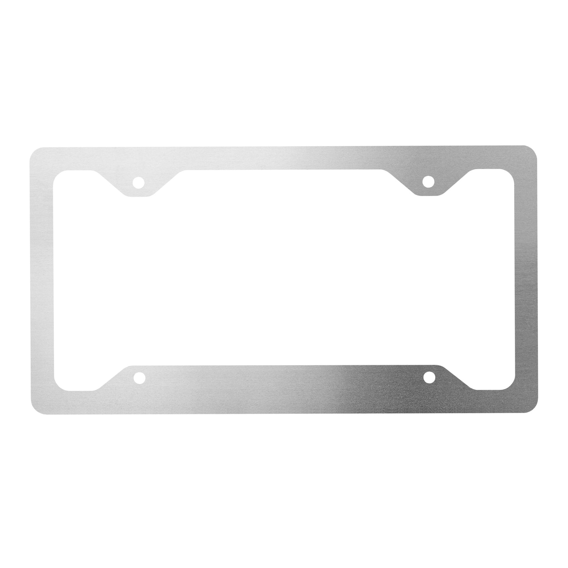 Silver metal license plate frame with smooth, polished finish and four mounting holes.