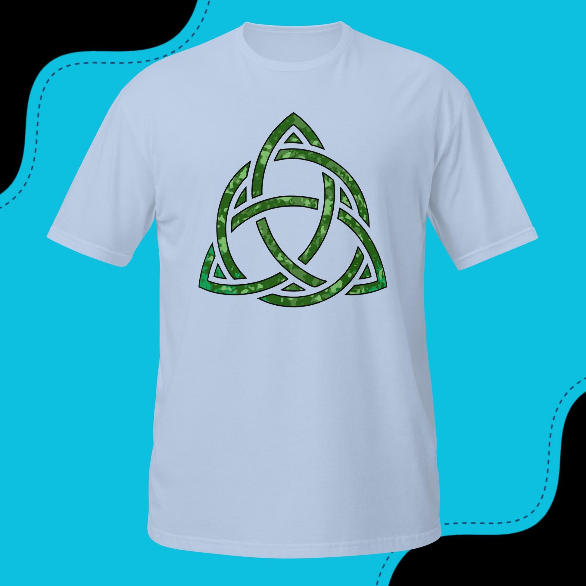 Light blue unisex short-sleeve t-shirt with a green Celtic knot triquetra design on front.