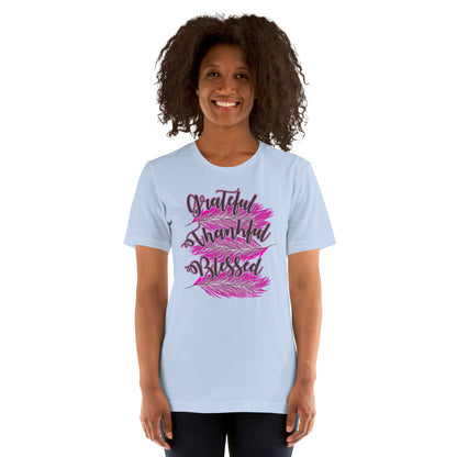 Thankful Grateful Blessed Pink Ladies Unisex t-shirt Baby Blue
