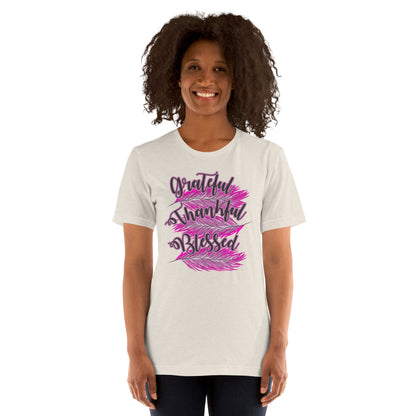 Thankful Grateful Blessed Pink Ladies Unisex t-shirt Heather Dust