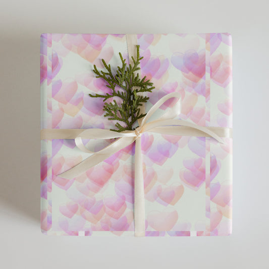 Square gift wrapped in pink heart pattern custom wrapping paper with cream ribbon and green sprig accent. - Little Pink Hearts Wrapping Paper Sheets - Default Title